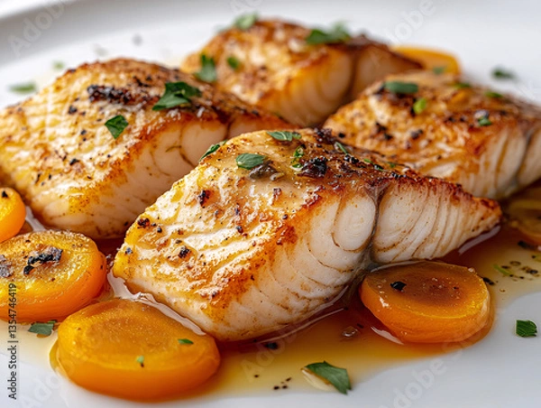 Fototapeta a plate of seared fish fillets topped with a sauce, garnished with herbs and sliced vegetables. The fish has a crispy, browned exterior, and the dish appears to be a gourmet preparation.