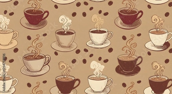 Obraz Hand-Drawn Coffee Cups Pattern on Beige Background