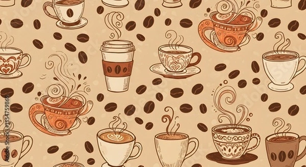 Obraz Delightful Coffee Cups and Coffee Beans Seamless Pattern