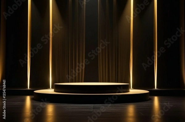 Fototapeta A luxurious event stage with multiple golden spotlights beaming down onto a polished wooden floor and black background