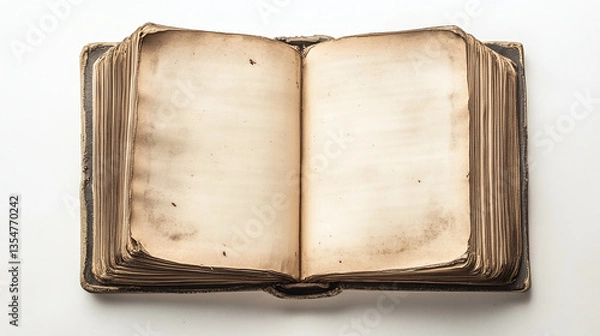 Obraz png top view of old vintage open book empty papers sheets white blank pages hard cover classic look isolated on white blank empty background