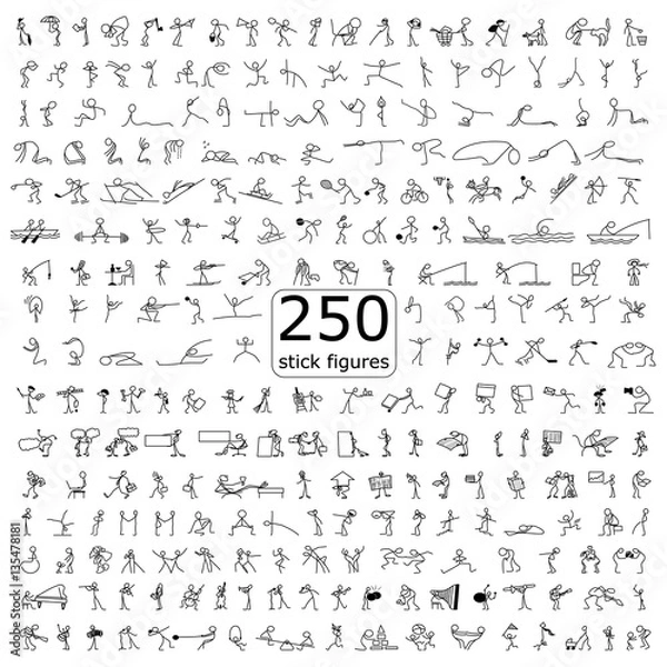 Fototapeta Cartoon icons set of 250 sketch little people stick figure