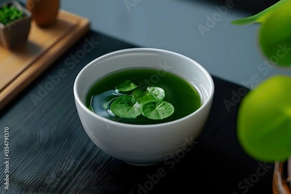 Fototapeta Fresh green matcha tea served in traditional white ceramic bowl with floating leaves on dark wooden table, creating zen atmosphere for tea ceremony.