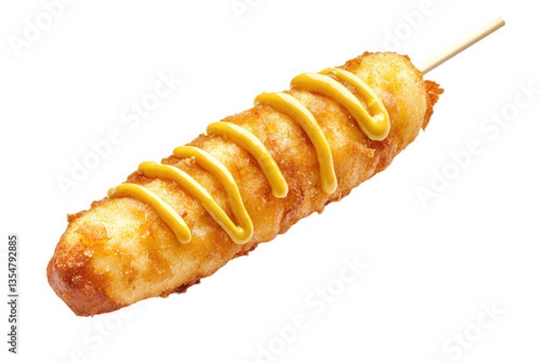 Obraz A deep-fried corndog on a stick, drizzled with mustard, showcasing a golden-brown crispy coating, Transparent Background.