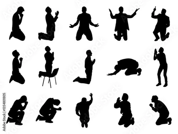 Fototapeta Set of Man praying and praising God on knees Silhouette in various poses isolated on white background