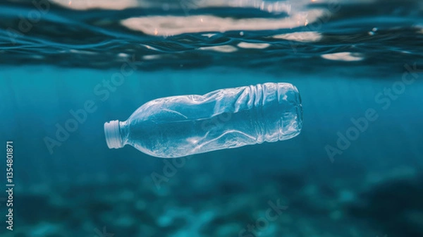 Fototapeta clear plastic bottle floating in water symbolizes pollution and environmental issues, highlighting impact of waste on marine life