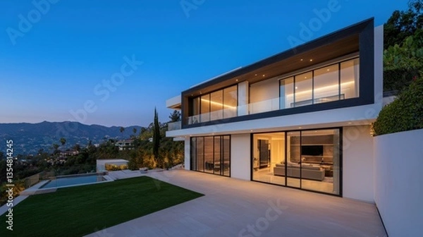 Fototapeta Luxury home and mansion premium, A modern, stylish home with large glass windows, a pool, and a scenic view, illuminated at dusk.
