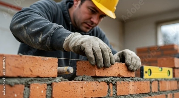 Fototapeta A skilled worker carefully lays bricks to construct a wall, showcasing craftsmanship and precision at a construction site, complete with tools that highlight the building process.