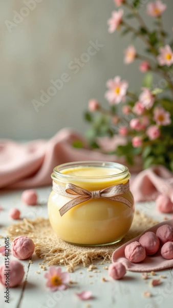Fototapeta A small jar filled with yellow-orange liquid, possibly beef tallow, set on a wooden surface surrounded by scattered pink petals and crumbled bits of material.