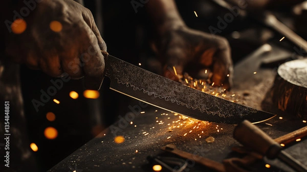 Obraz Powerful scene of a knife being sharpened on a grinding wheel, with sparks flying off the blade. Dark industrial lighting emphasizes the contrast between the steel and grinding stone.