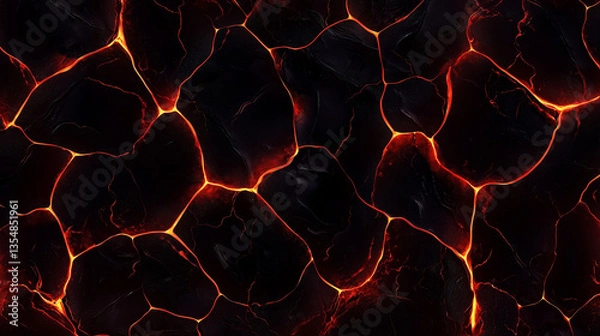 Fototapeta Molten lava texture with glowing cracks and dark volcanic rock