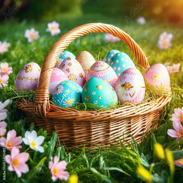 Fototapeta A vibrant Easter basket filled with decorated eggs, perfect for artistic prints and festive invitations.