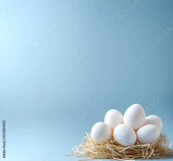 Obraz square banner with pile of white eggs laying in straw nest, isolated over bright blue background; empty scene, concept of easter eggs, high costs of food, newscastle disease egg problem; copy space