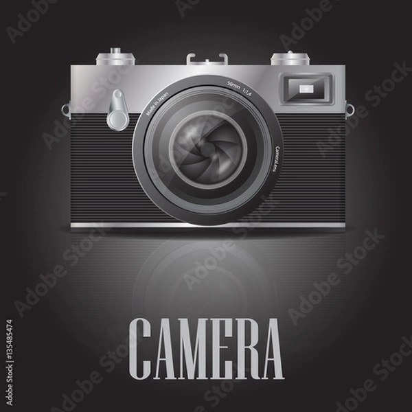 Fototapeta Vector. Retro camera on black background, icon. Realistic style.