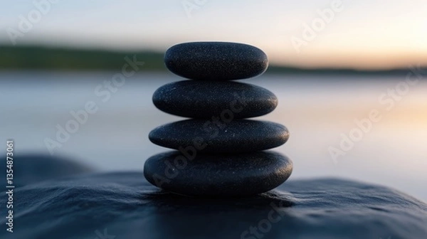 Fototapeta Stacked stones, serene, balanced, tranquil.  Peaceful stones resting atop each other,  creating a sense of harmony and balance.  Calm, focused image, perfect for meditation
