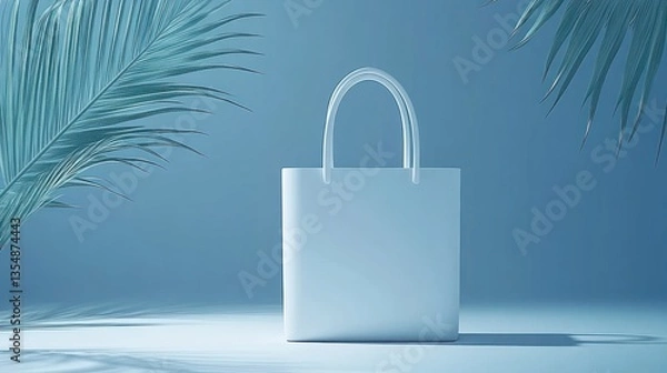 Fototapeta A simple white tote bag with palm fronds in the background