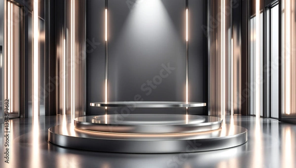 Obraz A sleek, modern stage bathed in warm light, ready for a grand reveal, showcasing a polished metallic platform with subtle, elegant illumination.