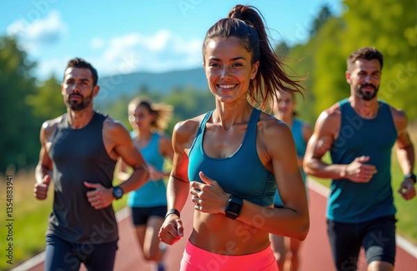 Fototapeta A group of smiling runners on a sunny path in a park doing outdoor sports