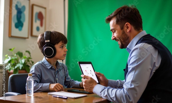 Fototapeta A psychologist diagnoses autism in a child using a tablet in a comfortable environment