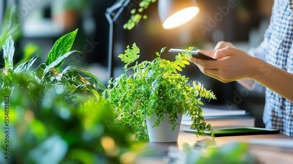 Fototapeta Person taking a picture of a plant with a smartphone in a home office.