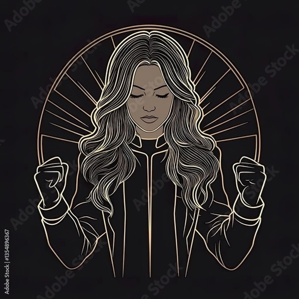 Fototapeta A confident long - haired woman with closed eyes, clenched fists, exuding strength and a sense of inner power, surrounded by radial lines, suitable for themes related to empowerment, self - belief, 