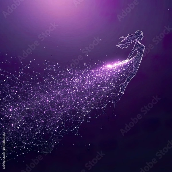 Fototapeta A female silhouette composed of points and lines on a purple background, with 飘散的 particle effects behind, creating a dreamy and futuristic visual, suitable for digital art, inspiration,