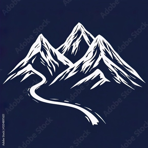 Fototapeta White mountain and winding path patterns on a dark blue background, representing the journey through nature and the exploration of unknown, ideal for outdoor, travel, and adventure - themed designs.
