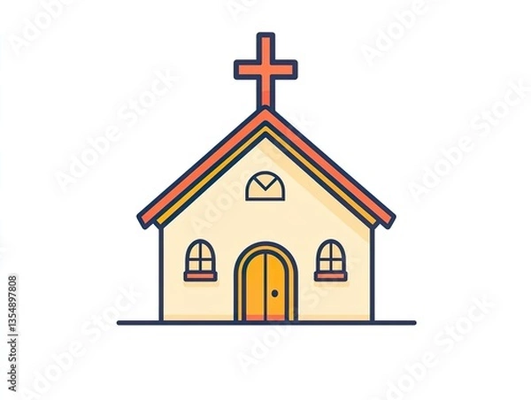 Fototapeta A church building pattern outlined with colorful lines on a white background, featuring a cross on top, representing religion, spirituality, and community, suitable for religious, cultural, and archit