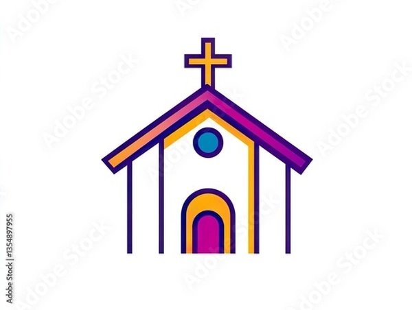 Fototapeta A church icon outlined with colorful lines on a white background, featuring a cross on top, representing religious and spiritual themes, suitable for religious, cultural,