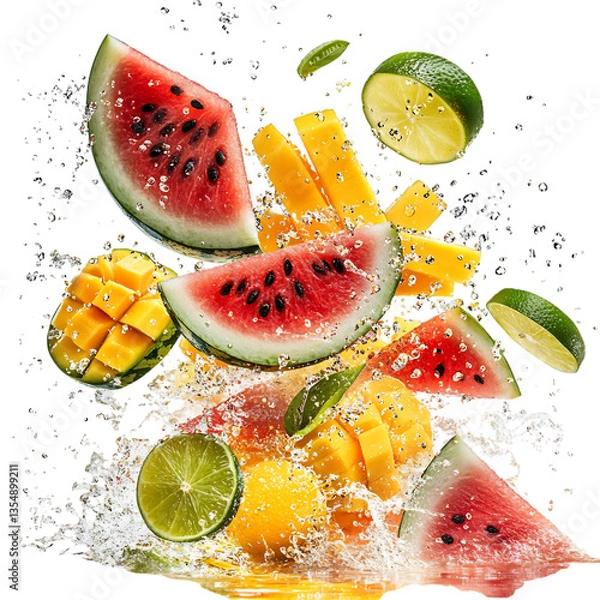 Fototapeta Watermelon Mango and Lime Slices Flying in Refreshing Isolated on Transparent Background