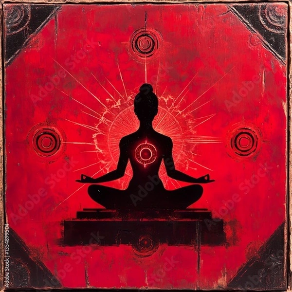 Fototapeta A black silhouette in a meditation pose on a red background, with a glowing circle on the chest and radiating lines and circles around, symbolizing inner peace, spirituality, and meditation, 