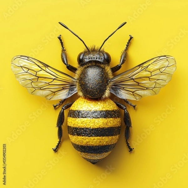 Fototapeta A macro shot of a bee with striking yellow stripes on a vibrant yellow background, showcasing its intricate wings and body details.