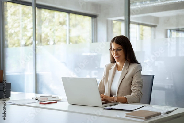 Fototapeta Young professional it specialist latin hispanic business lady working on laptop pc sitting at desk in modern office space. 30s middle eastern indian woman using computer technology app for work online