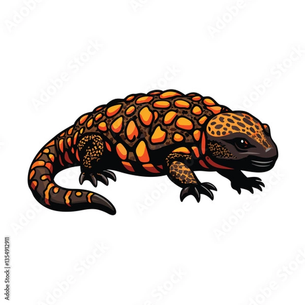 Fototapeta A highly detailed Gila monster, vibrant scales, crawling across sun-baked, textured rocks in the Arizona desert.  Focus on intricate skin details.