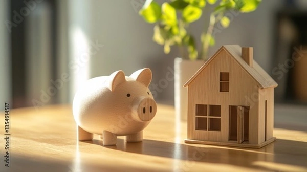 Fototapeta Wooden piggy bank and house model on a table, representing saving for a home