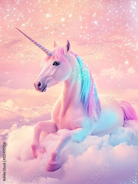 Obraz A magical unicorn resting on a fluffy cloud in a dreamy fantasy sky.