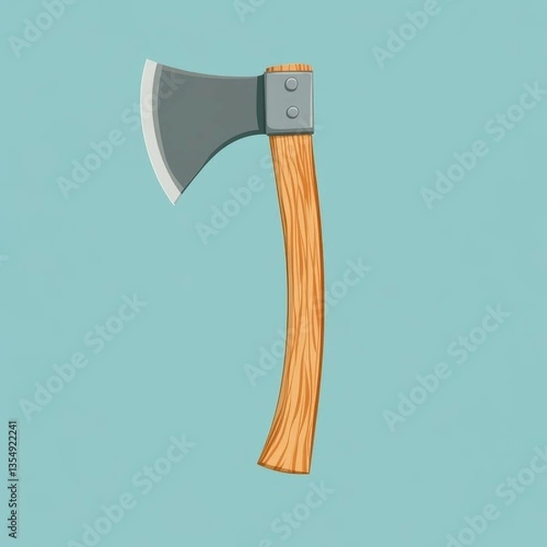 Fototapeta Flat vector of a wooden handle axe, smooth curved handle with wood grain, sharp steel blade, clean geometric shapes, isolated on a blank background, simple and professional style.