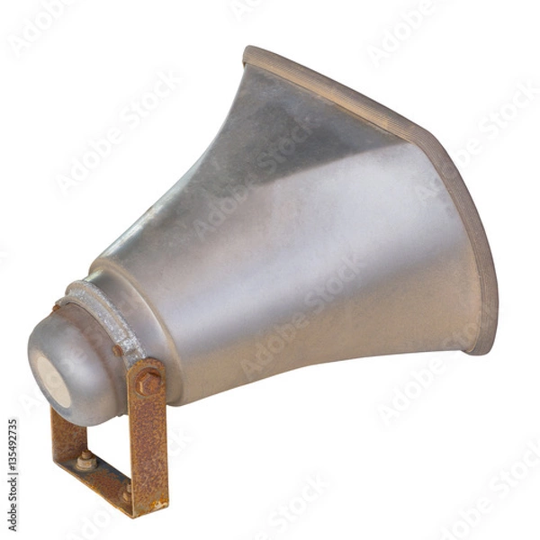 Fototapeta Back View of Dusty Outdoor Horn Speaker with Rusty Mounting Plate Isolated on White Background, Clipping Path