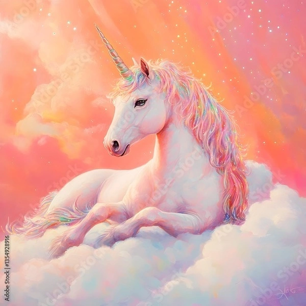 Obraz Tranquil pastel rainbow unicorn resting on a cloud in the sky