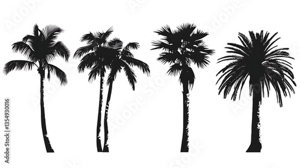 Fototapeta Collection of palm tree silhouettes in different poses, perfect for design elements, isolated on a white background