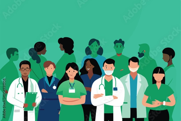 Fototapeta Diverse healthcare team—doctors, nurses, and therapists—collaborating on a patient's treatment plan, showcasing teamwork and inclusivity.