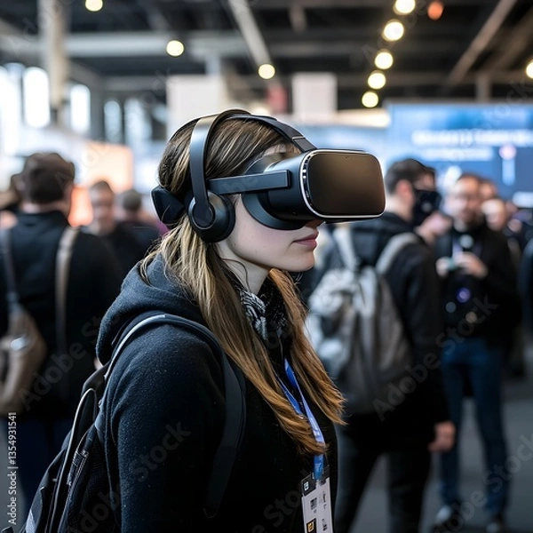 Obraz Woman exploring virtual reality technology at tech expo