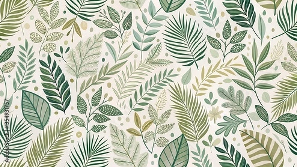 Fototapeta Abstract leafy patterns in muted greens and beige tones on a clean white background, minimal and fresh look