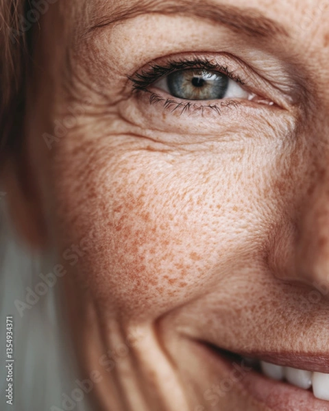 Fototapeta close up of smiling face with visible freckles and wrinkles around eye, showcasing natural beauty