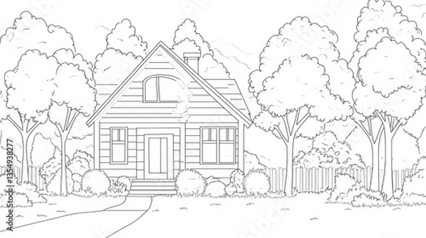 Obraz Simple line drawing of a house in a garden setting