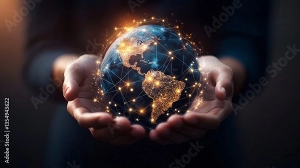Fototapeta A conceptual image of hands gently cradling a glowing digital globe, showcasing interconnected golden networks across continents. Ideal for global communication, technology, or sustainability themes