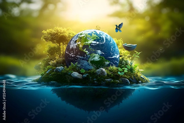 Obraz World environment and earth day concept with blue globe and eco friendly enviroment. Generative ai
