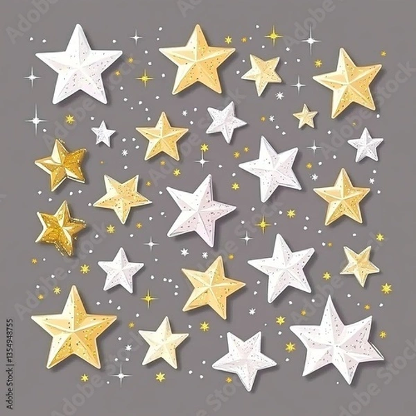 Fototapeta Sparkle stars in flat vector design, golden and white hues, smooth sharp edges, scattered arrangement, isolated on a blank background, cheerful and versatile illustration.