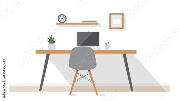 Fototapeta Minimalist workspace with desk, chair, computer, and decor.