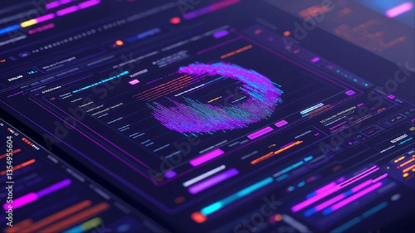 Obraz Futuristic 3D data visualization dashboard with purple circular analytics interface, digital business intelligence concept